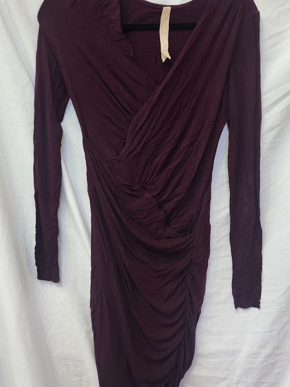Long sleeve merlot red bodycon ruched dress, M